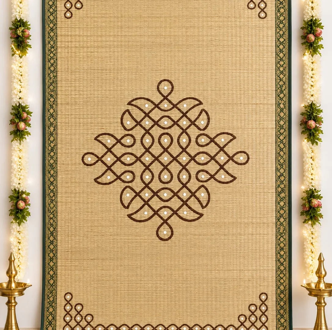 Handwoven Cora Mat in Brown Kolam Design with Green Border – Flat Lay