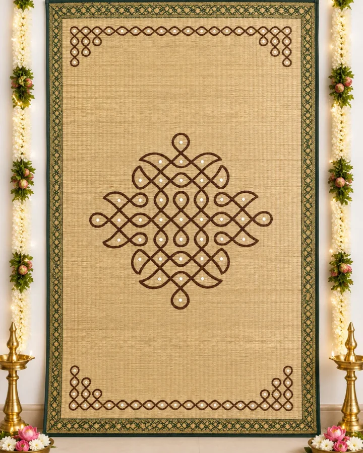 Handwoven Cora Mat in Brown Kolam Design with Green Border – Flat Lay
