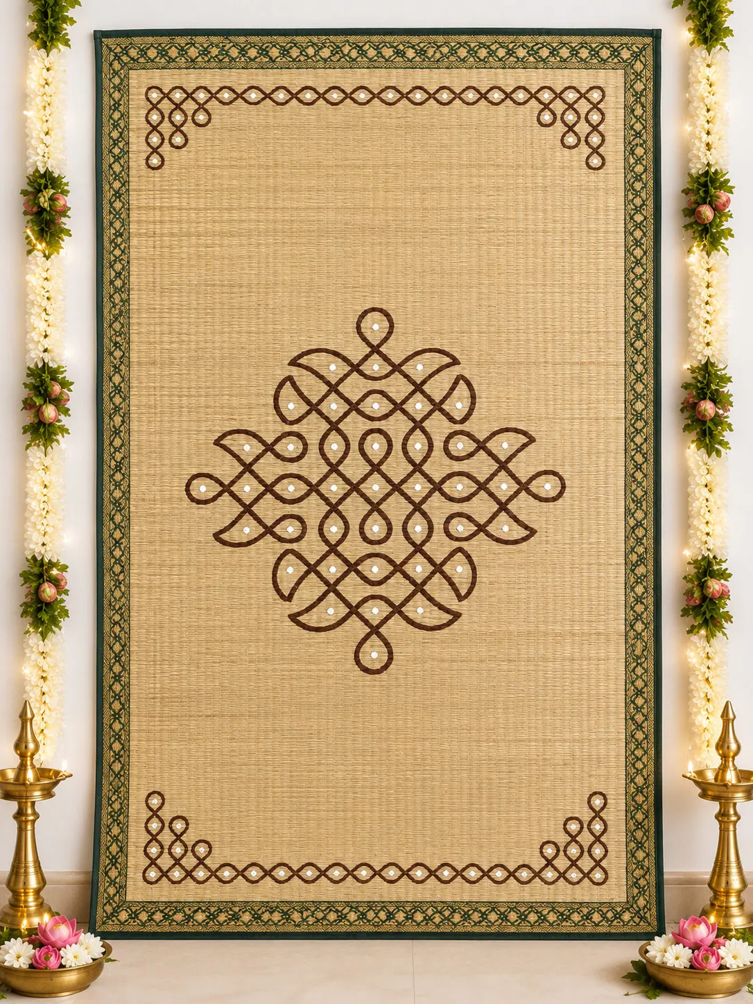 Handwoven Cora Mat in Brown Kolam Design with Green Border – Flat Lay