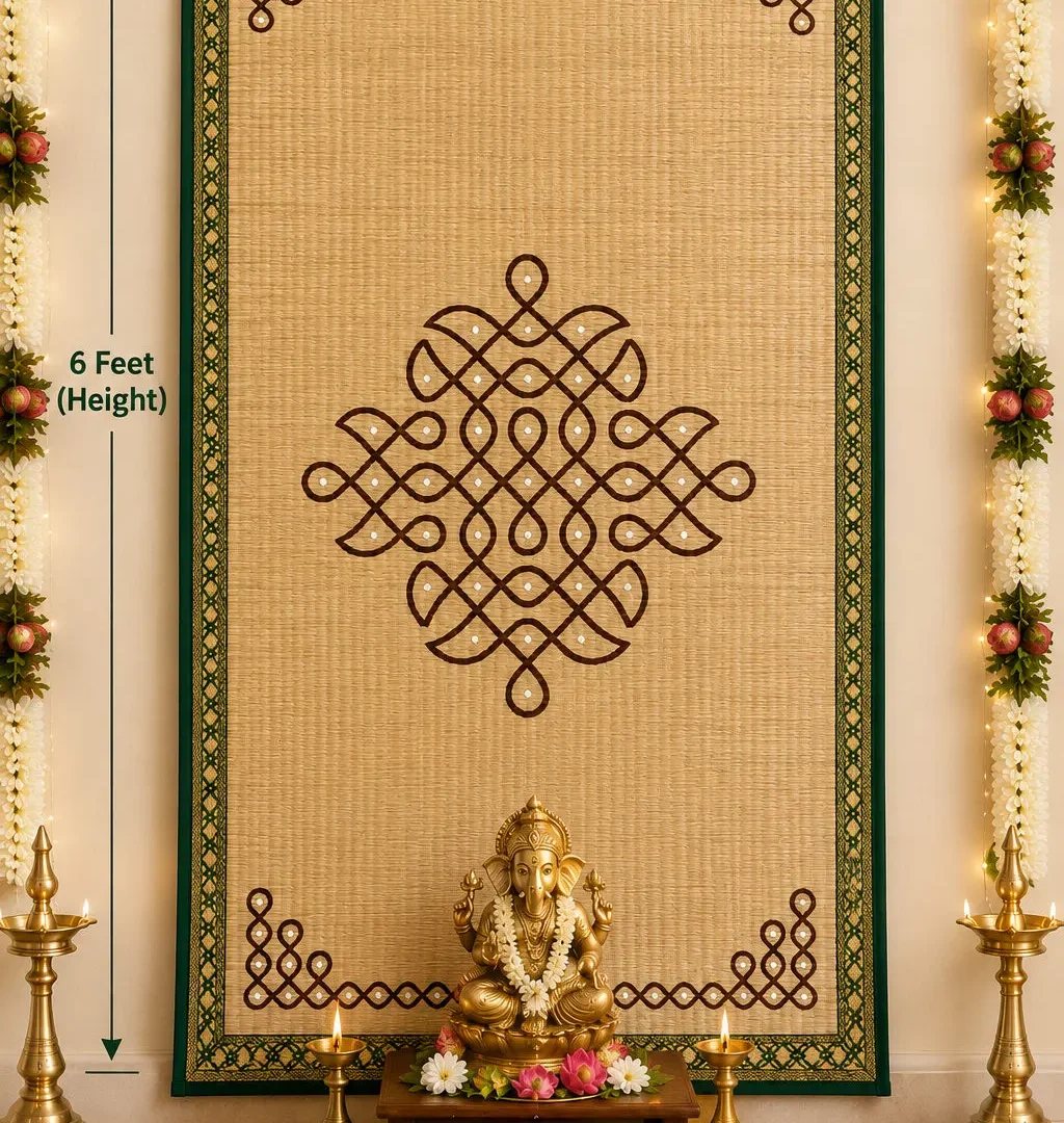 Pure Handwoven Cora Mat Backdrop – Kolam Design, Size 6×3 ft