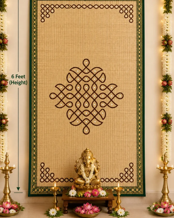 Pure Handwoven Cora Mat Backdrop – Kolam Design, Size 6×3 ft