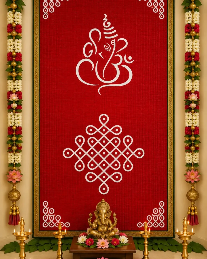 Red Handwoven Cora Mat Ganesha & Kolam Backdrop with Green Border 6×3ft