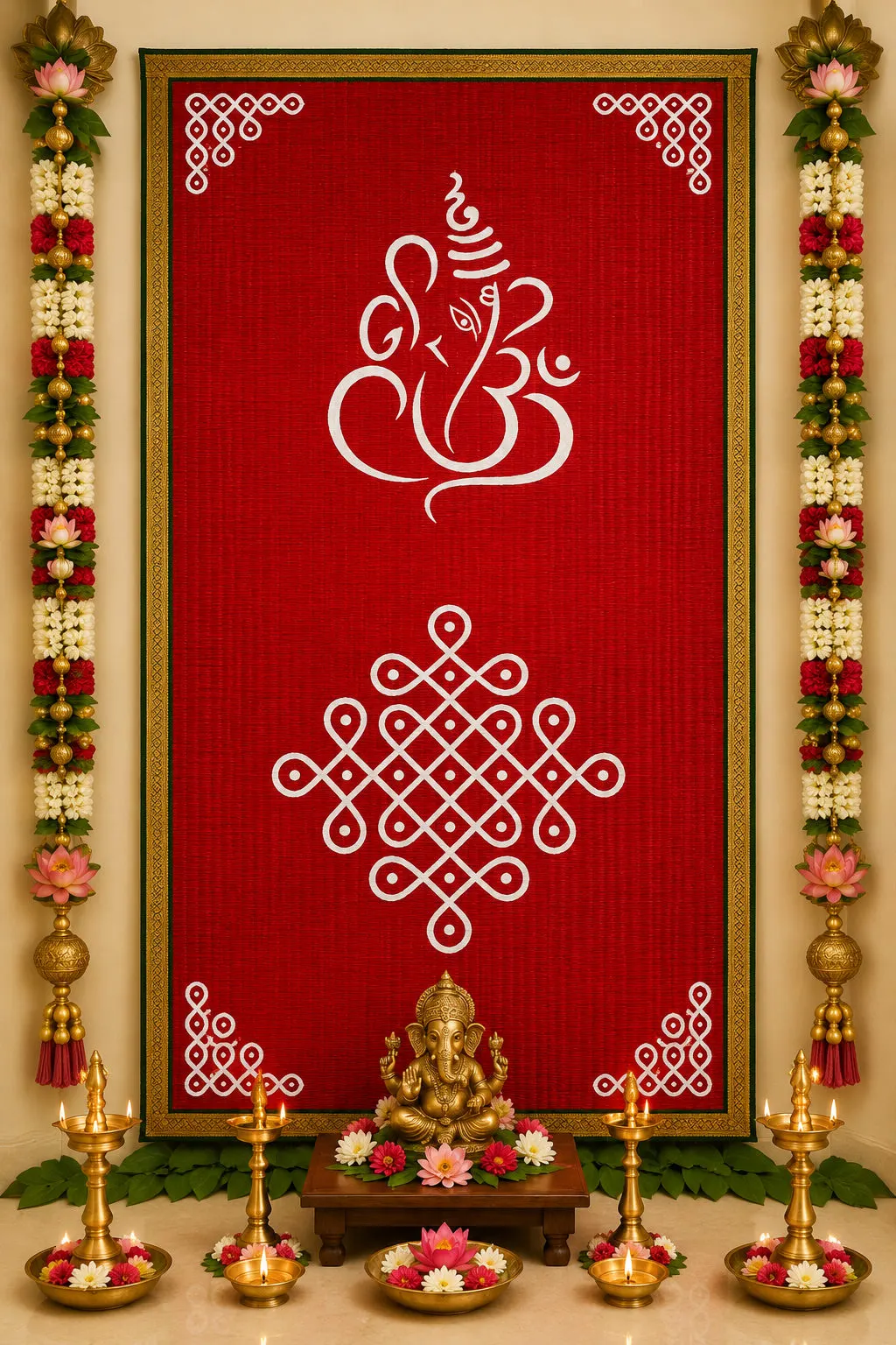 Red Handwoven Cora Mat Ganesha & Kolam Backdrop with Green Border – 6×3 ft
