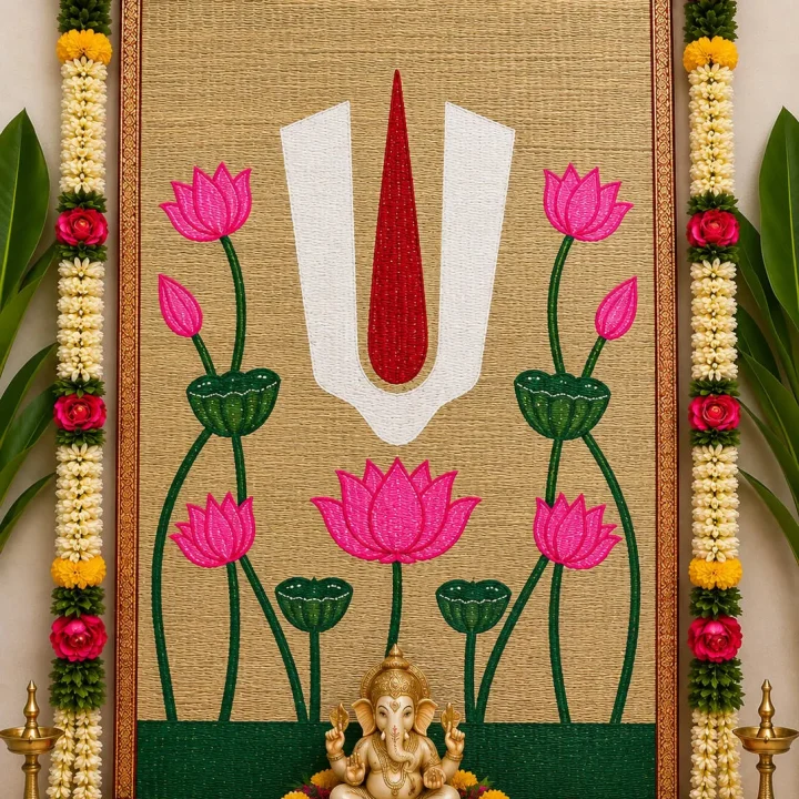 Lotus & Namam Ganesha Handwoven Cora Mat Backdrop – 6×4 ft