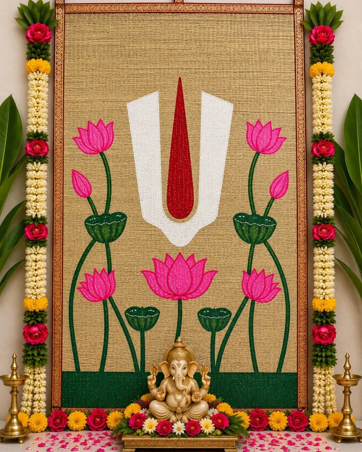 Lotus & Namam Ganesha Handwoven Cora Mat Backdrop 6×4ft