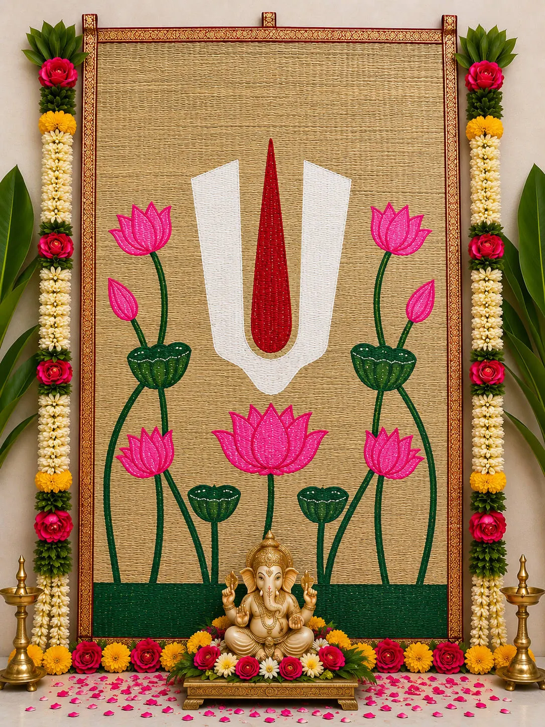 Lotus & Namam Ganesha Handwoven Cora Mat Backdrop – 6×4 ft