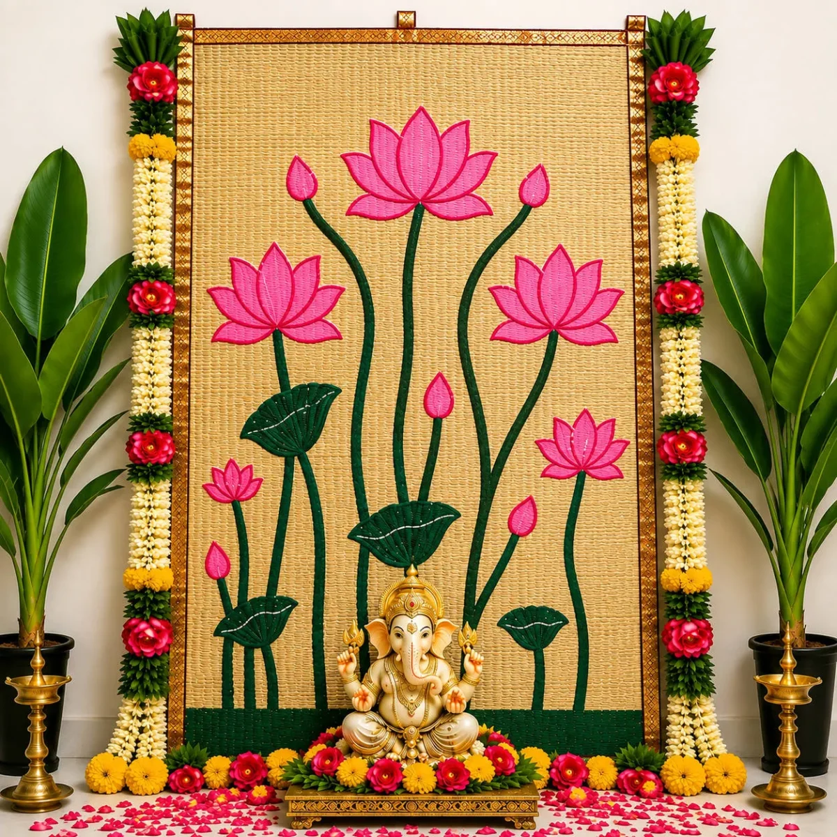 Lotus Handwoven Cora Mat Backdrop – Ganesha Pooja Decor, 6×4 ft