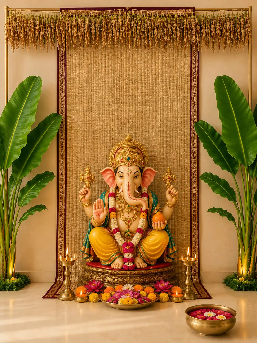 Plain Handwoven Cora Mat with Brown Border – Ganesha Pooja Backdrop, 6×4 ft