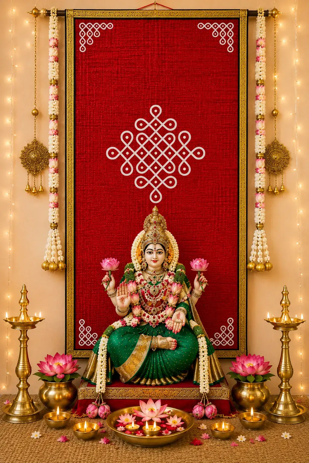 6×3 ft Red Cora Mat Backdrop – Handwoven Kolam Design with Green Border