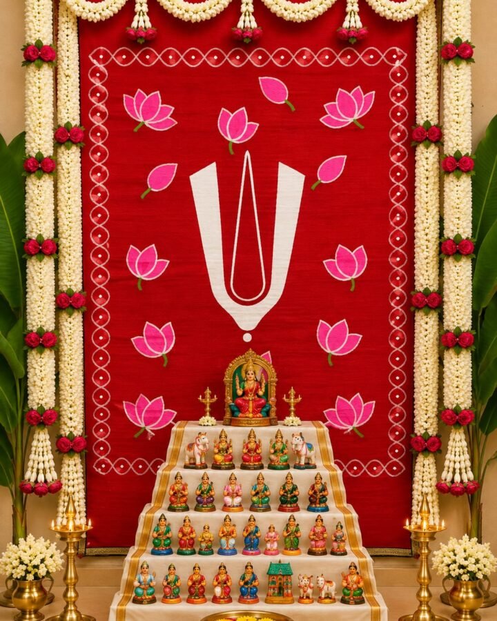 Red Thirumala Namam Lotus Handwoven Cora Mat Backdrop 6×4 ft