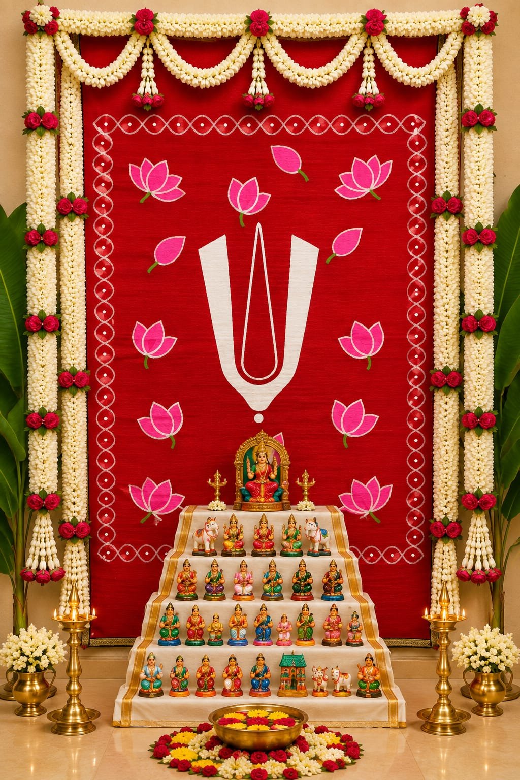 Red Thirumala Namam Lotus Handwoven Cora Mat Backdrop 6×4 ft