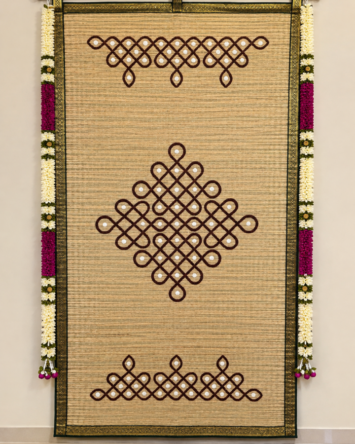 Handwoven Cora Mat in Brown Kolam Design Backdrop with Traditional Green Border 6×3ft