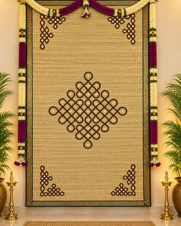 Handwoven Cora Mat in Brown sikku Kolam Design Backdrop with Traditional Green Border 6×3ft