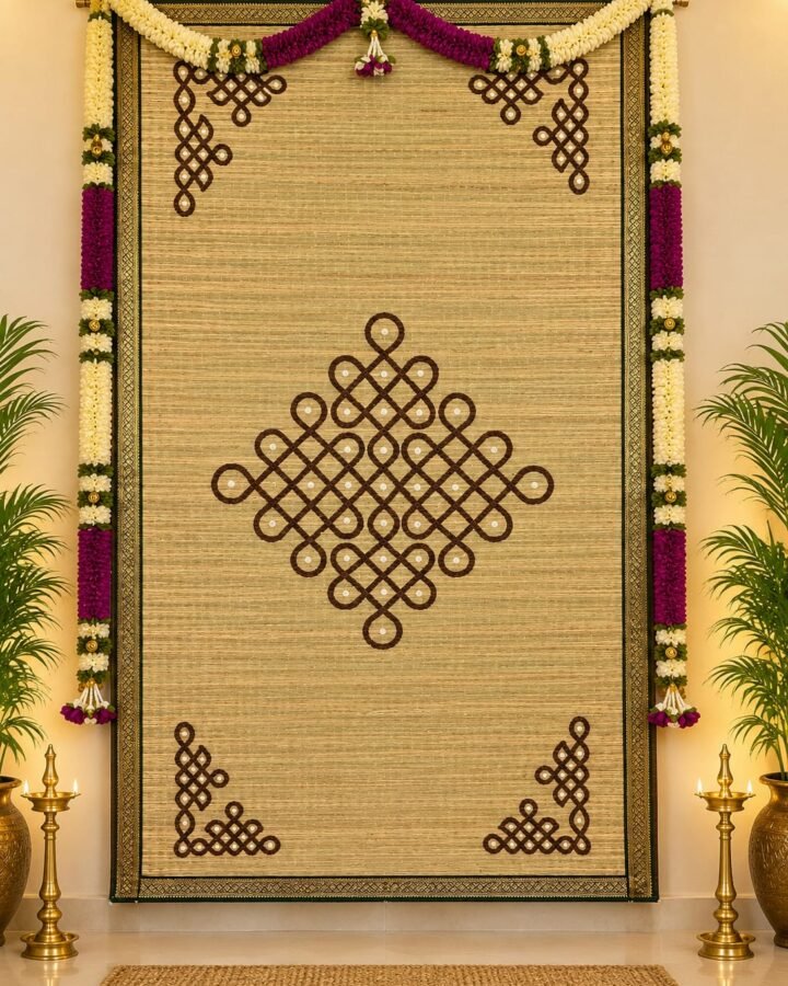 Handwoven Cora Mat in Brown sikku Kolam Design Backdrop with Traditional Green Border 6×3ft