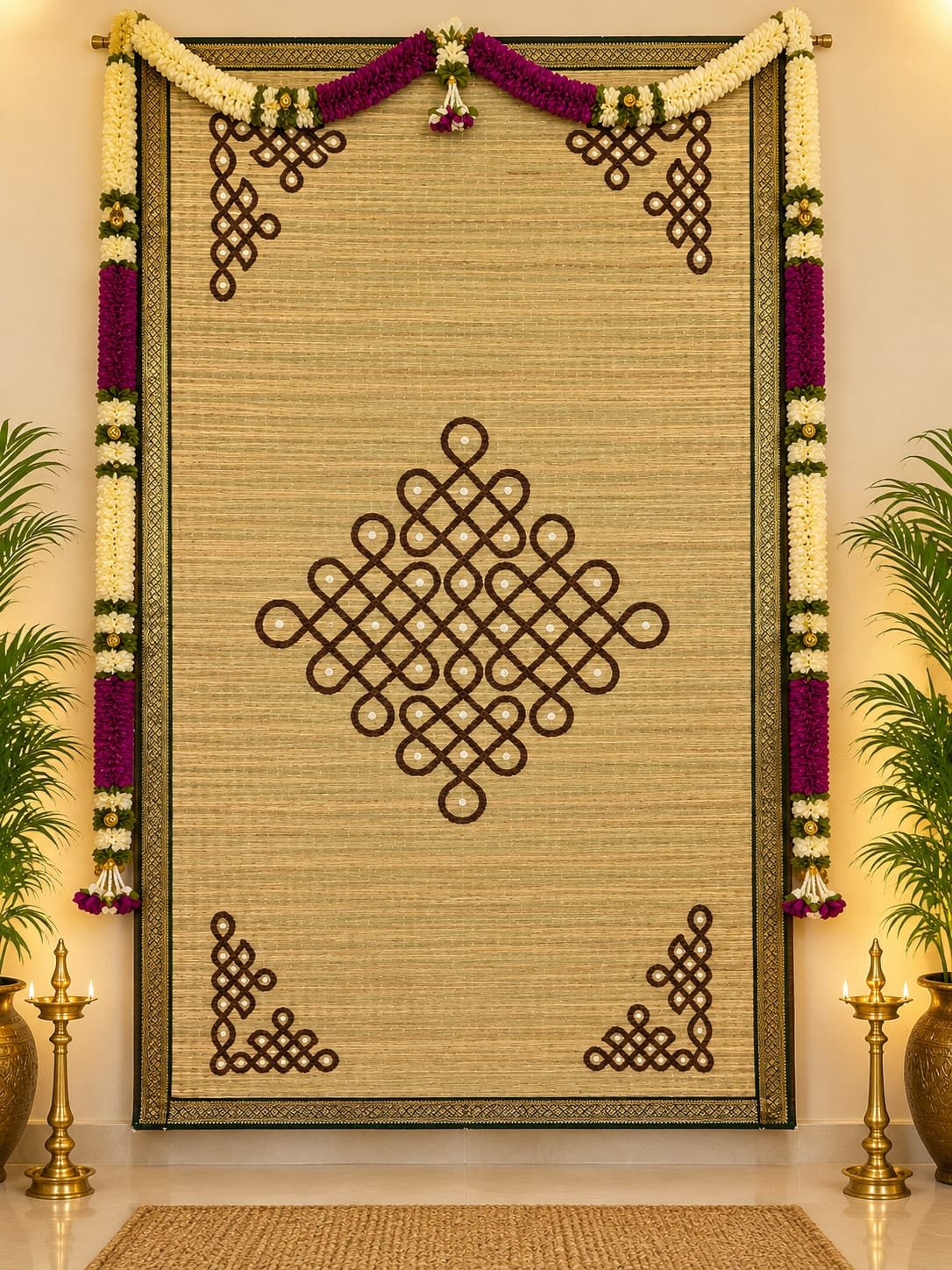 Handwoven Cora Mat in Brown sikku Kolam Design Backdrop with Traditional Green Border 6×3ft